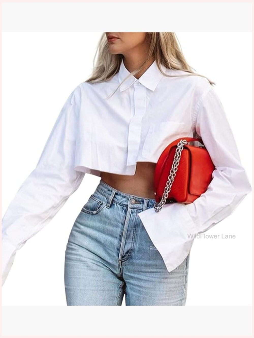 Long Sleeve Button Down Crop Blouse Loose Fit Irregular Hem Top - Picture 1 of 7